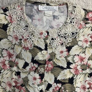 Gregge VTG Blouse 8P Floral Lace Collar Button Up Puff‎ Sleeves Cottage Prairie